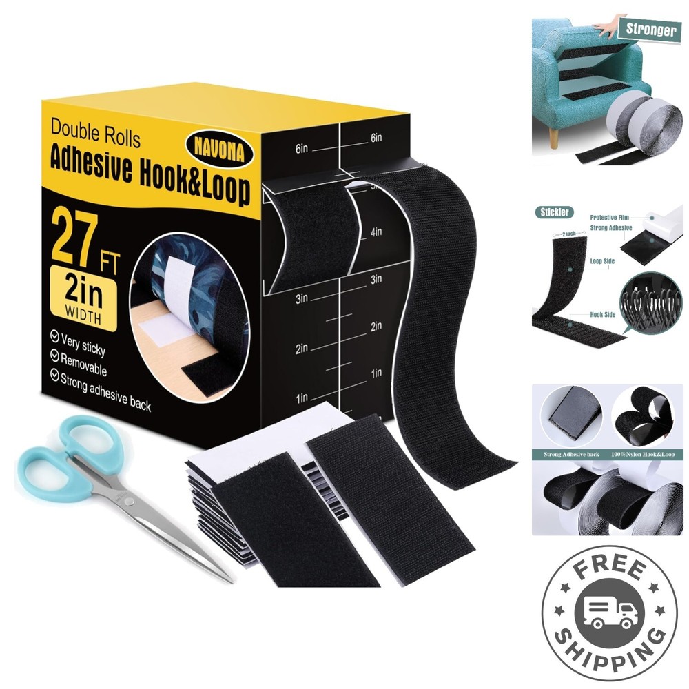 Strong Adhesive Nylon Hook and Loop Strips, 27Ft Black Tape Set with Scissors