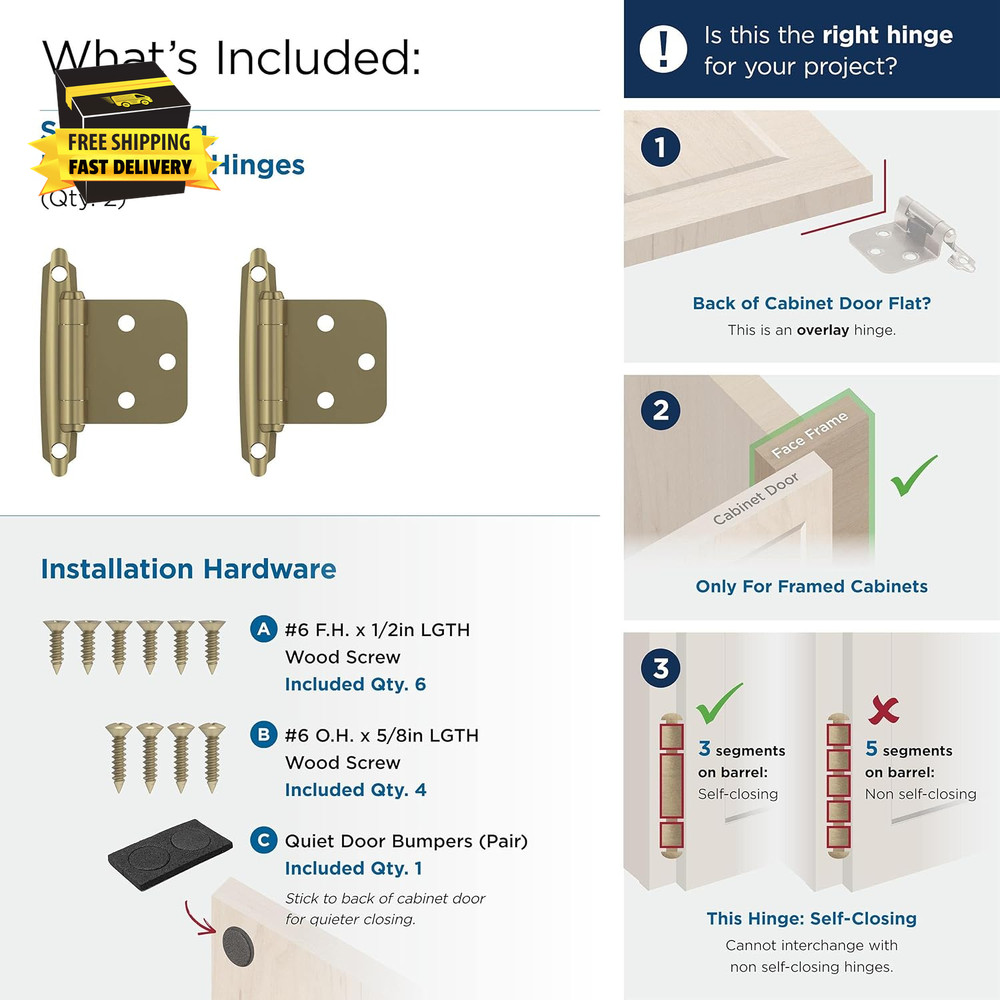BPR3429BBZ | Cabinet Hinge | Variable Overlay Self Closing Face Mount | Golden C