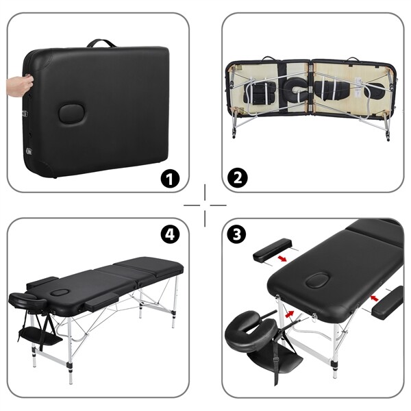 Aluminium Massage Table Portable Beauty Bed 3 Fold Tattoo Bed Black 84'' Renewed