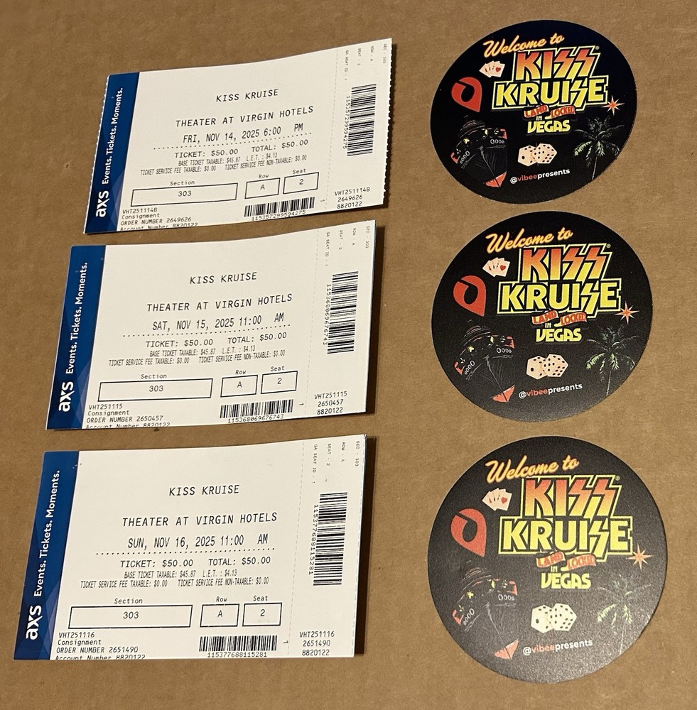 KISS LAND LOCKED VEGAS KRUISE SET 3 CONCERT TICKETS NOV 2025 VIRGIN +3 STICKERS