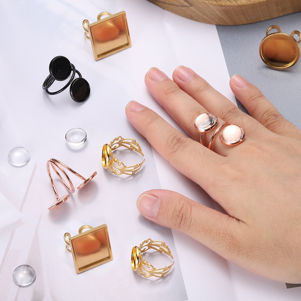 10Pcs Ring Base Blank, 12mm Ring Blank Base with 10Pcs Cabochon(Light Silver)