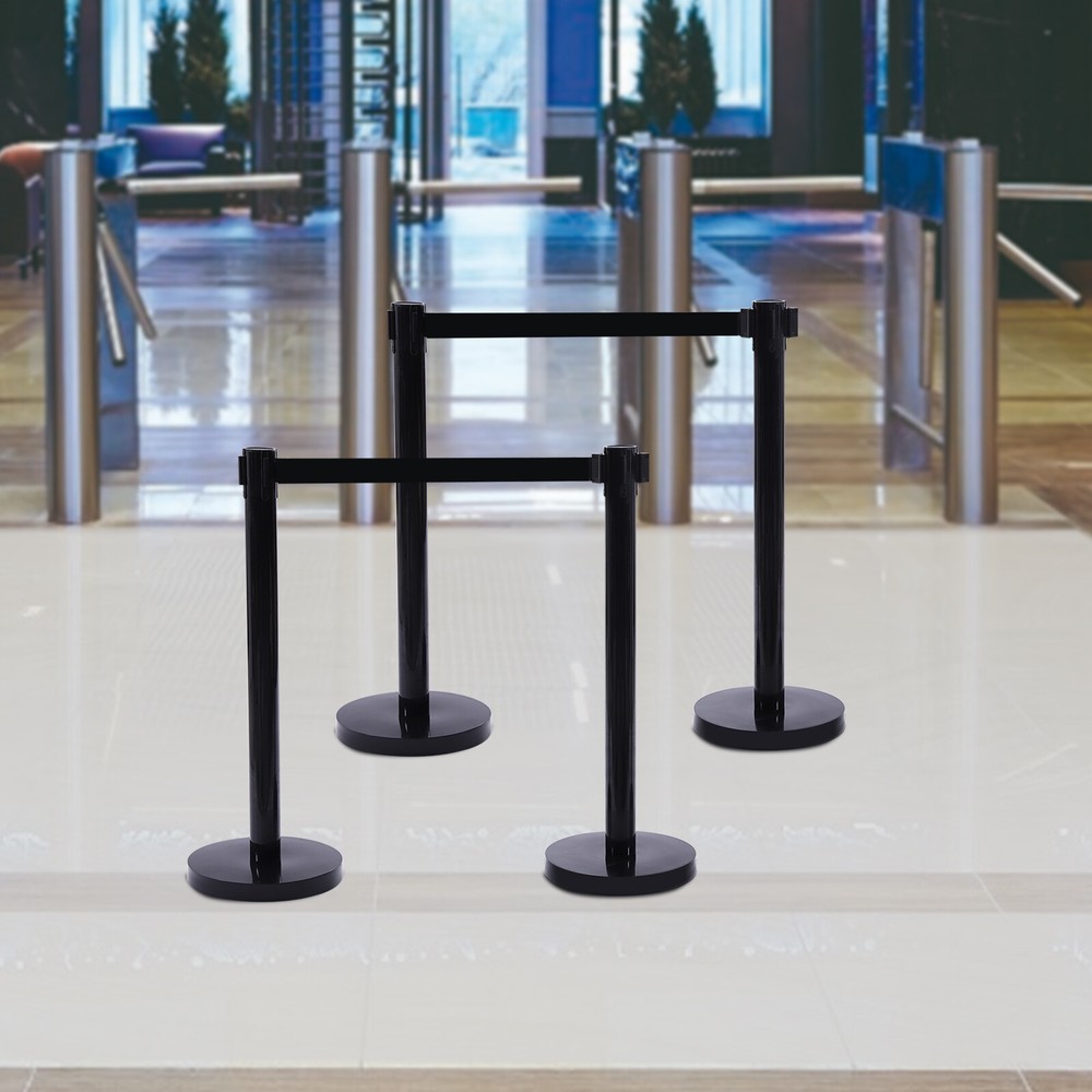 4Pcs Crowd Control Barrier Queue Poles Black Retractable Belt Stanchion Posts