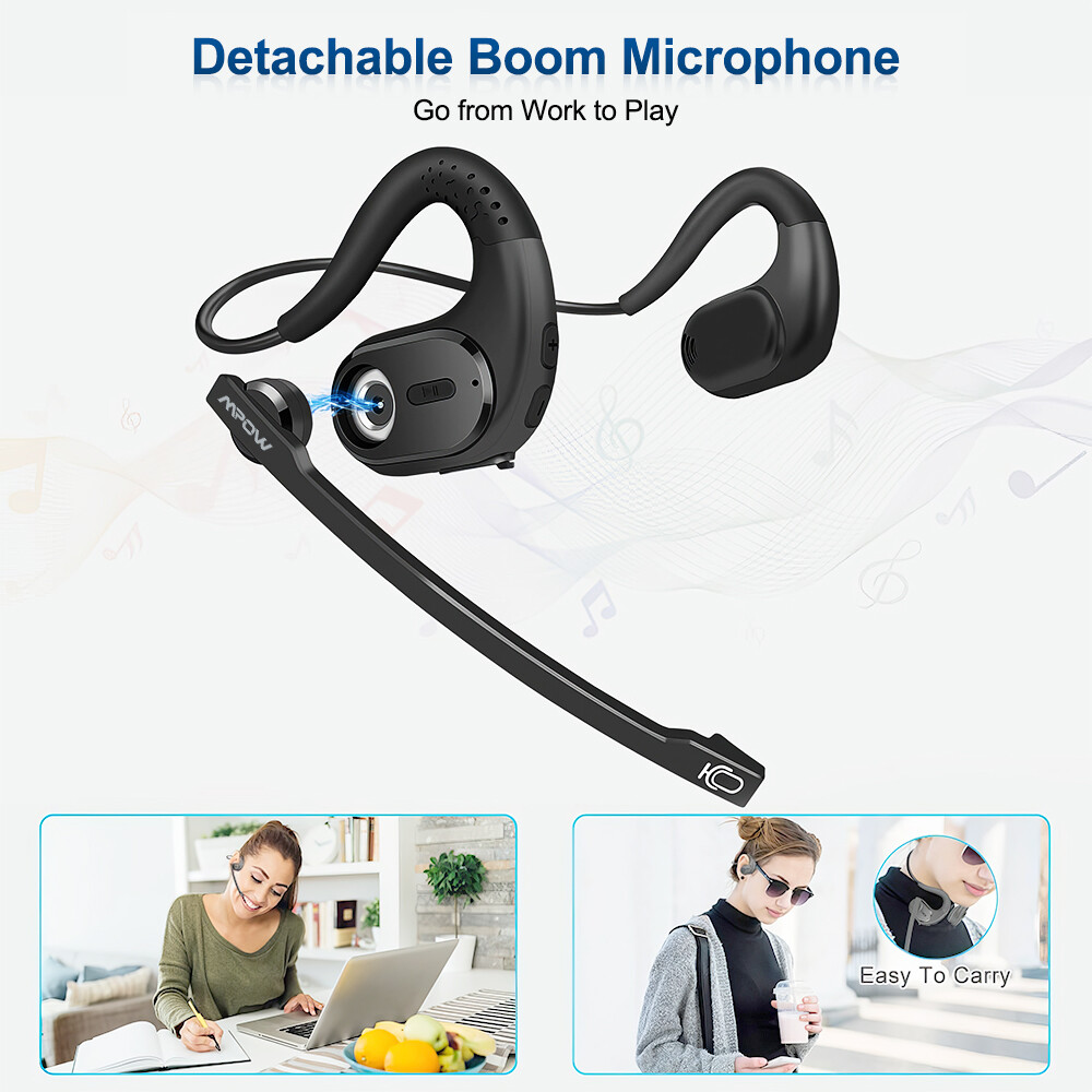 MPOW Bluetooth Headset with Removable Microphone Noise Cancelling For Phones PC