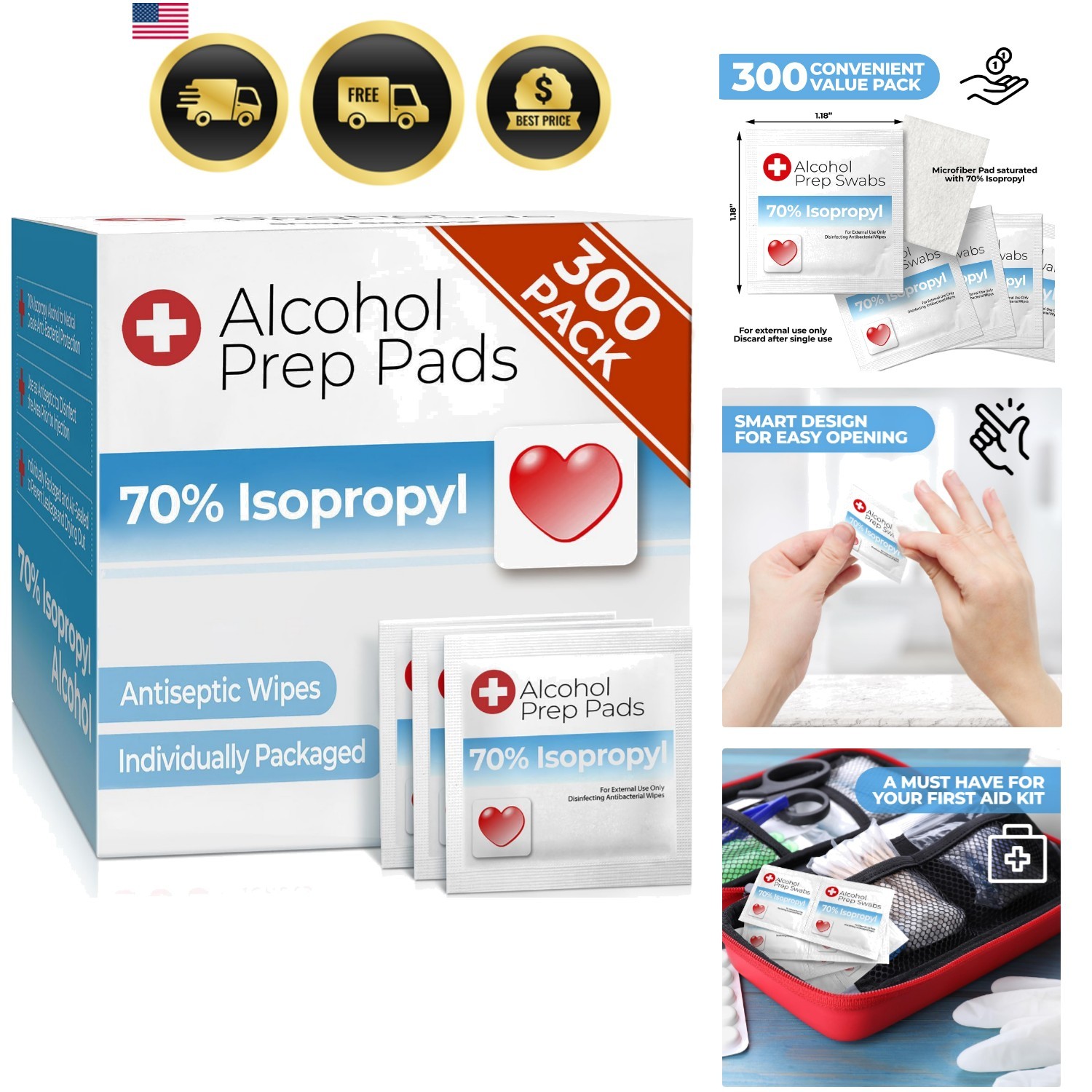 Alcohol Wipes individually Wrapped - 300 Pack Isopropyl Alcohol Wipes, Alcoho...