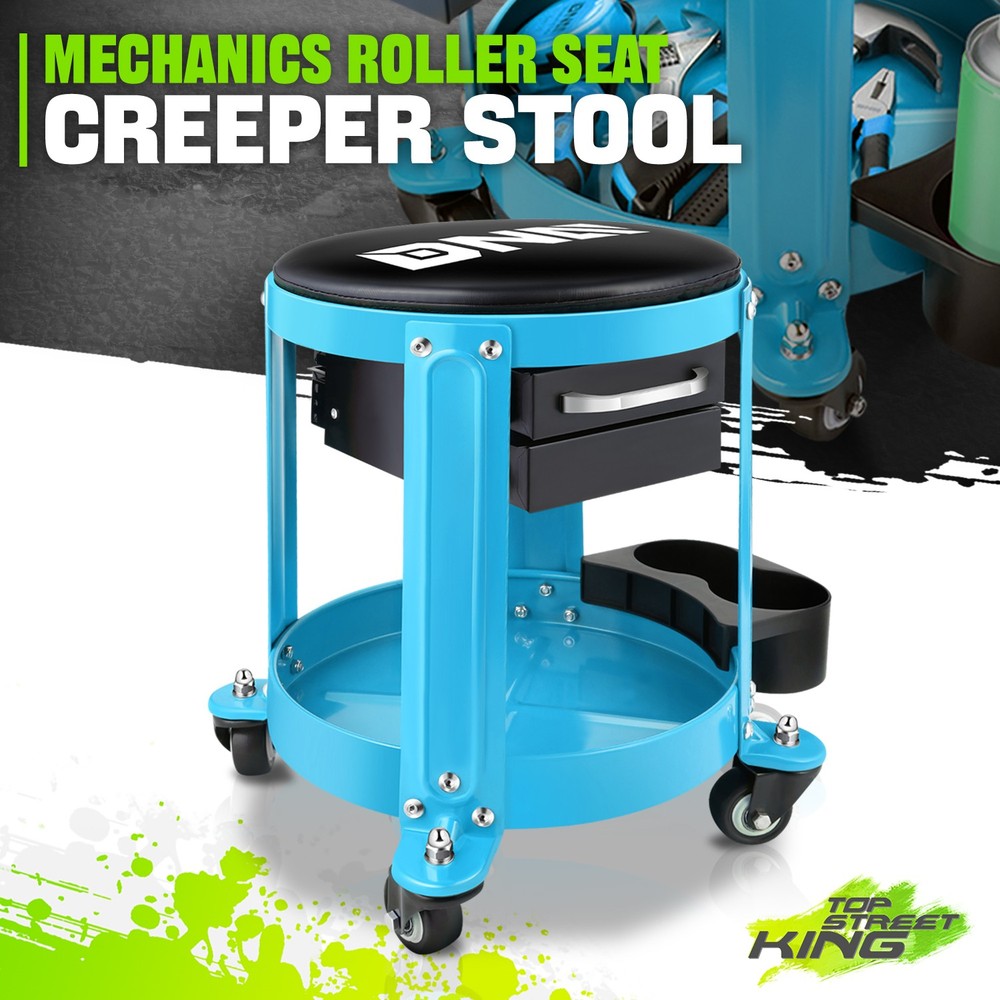 Blue 300LBS Round Roller Foam-Padded Tool Seat Creeper Workshop Garage Stool