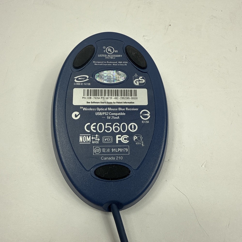 Microsoft X08-79294 5V USB PS/2 Compatible Wireless Optical Mouse Blue Receiver