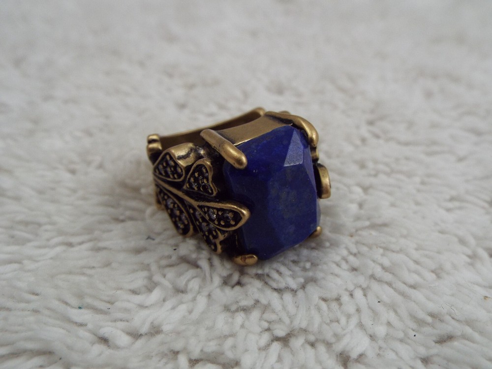 Brasstone Blue Lapis Lazuli Stone Rhinestone Ring ~ Size 5 (A30)