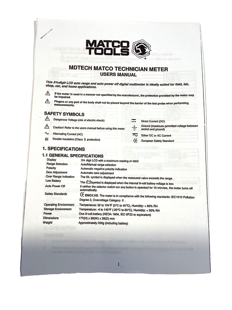 Matco Tools MDTECH Auto Ranging Digital Multi Meter Kit Leads Pouch Manual NICE