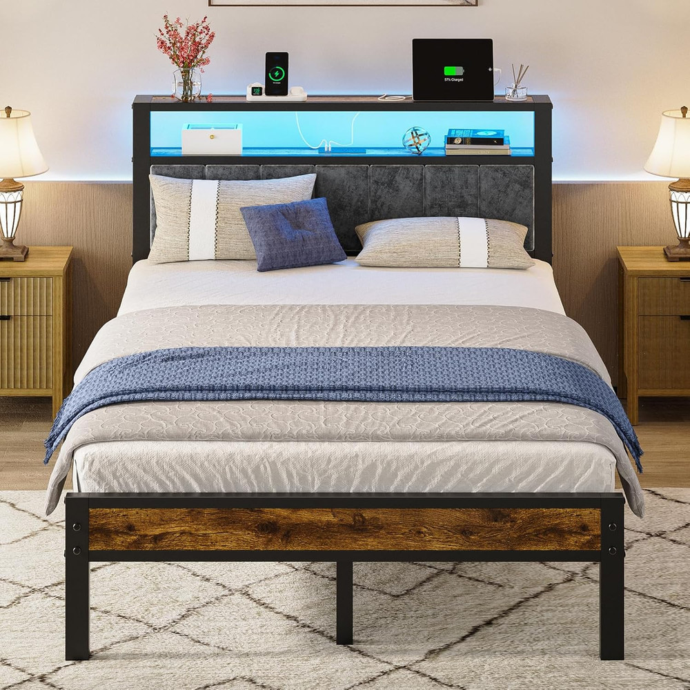 Full Size Platform Bed Frame with LED Lights, Charging Station, Grey Upholstered