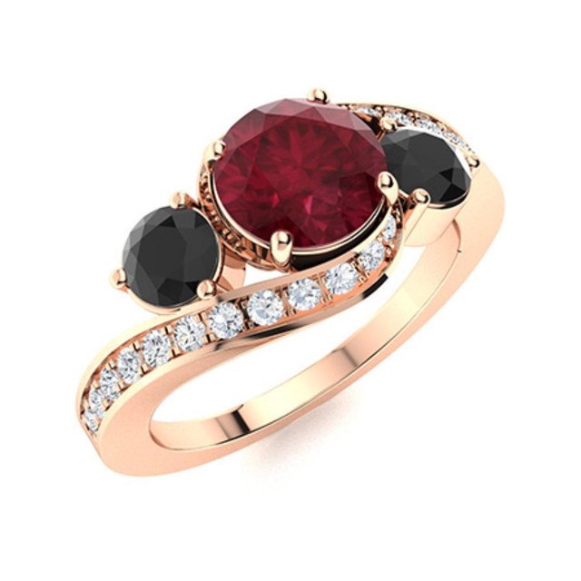 5MM Round Ruby & Black Spinel 925 Silver Rose Plated Three Stone Women Ring