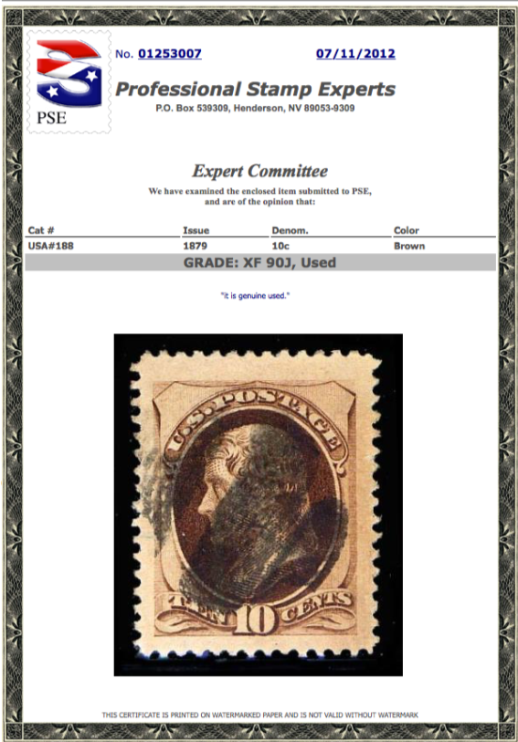 #188 Used, PSE Graded 90J, PSE Cert # 01253007