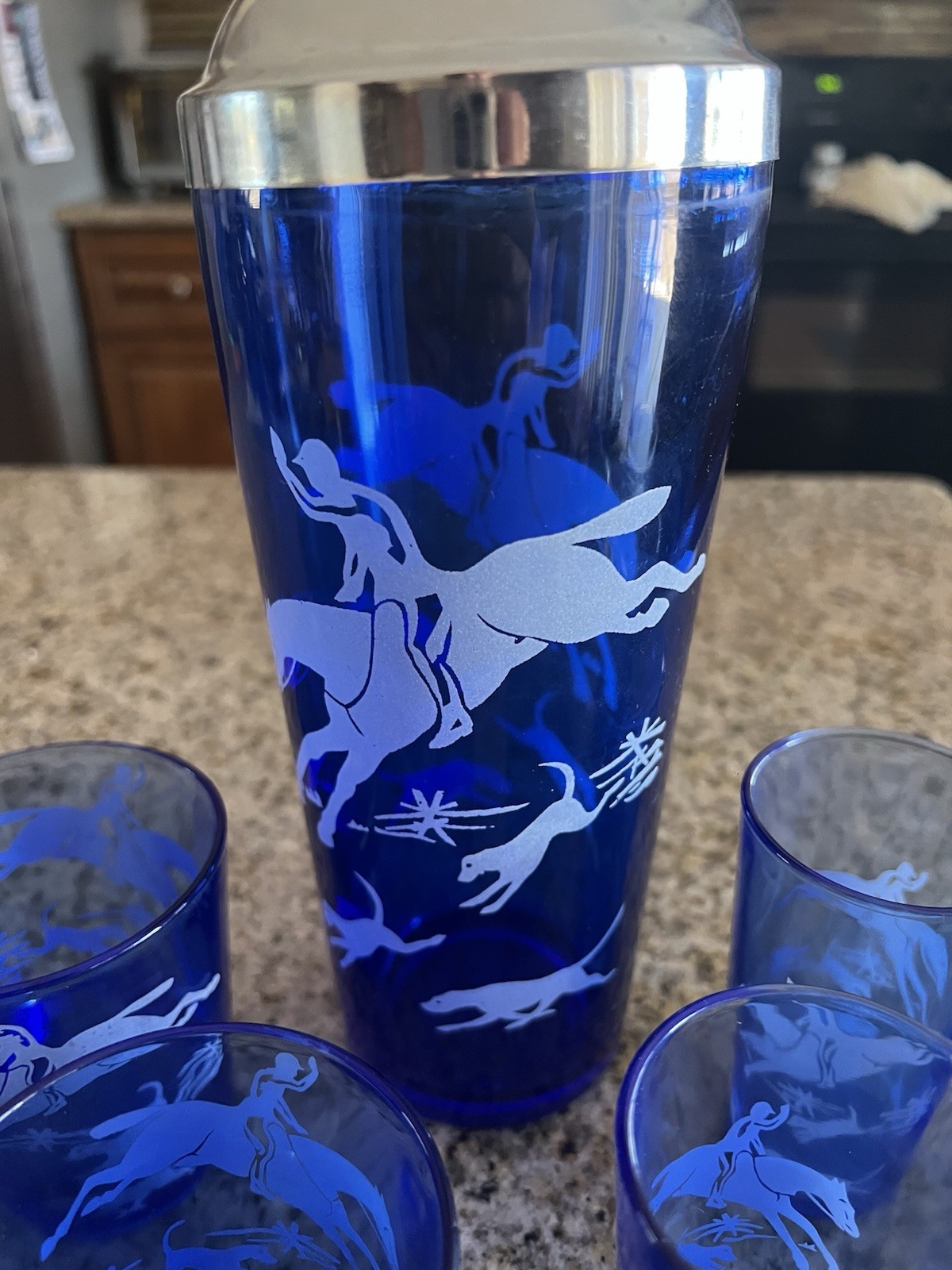 1930’s Cocktail Shaker Set Hazel Atlas Blue/White Fox Hunt Shaker & 12 Glasses
