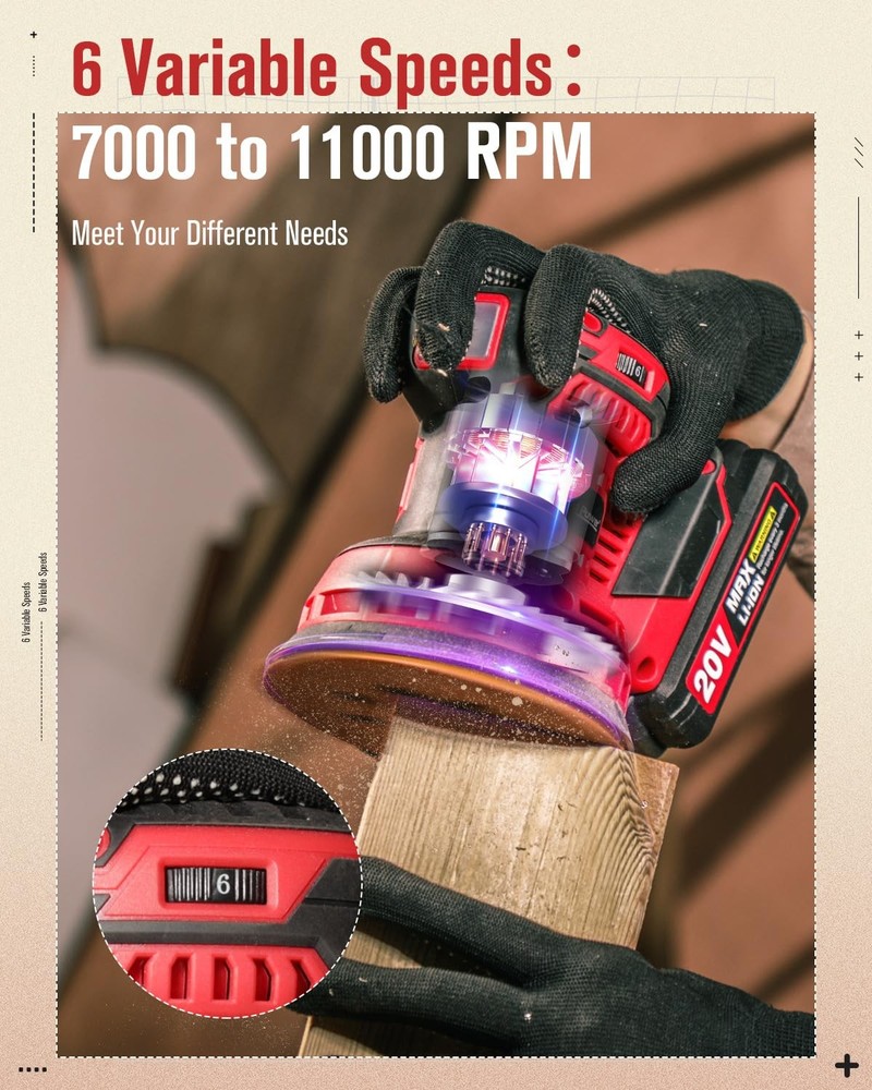 20V Cordless Orbital Sander 5 Inch Electric Sander Tool with 6 Variable Speed...