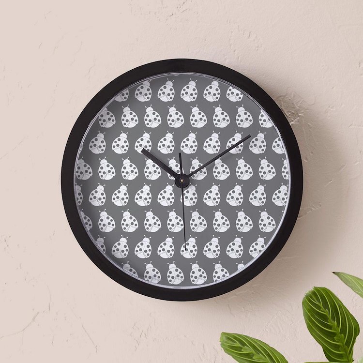 CafePress Gray And White Cute Ladybugs Pattern 10" Wall Clock (1492598815)