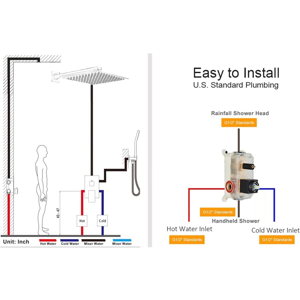 Shower Faucet System Combo Set 2 Function Rainfall Head Mixing Valve Wall Mount
