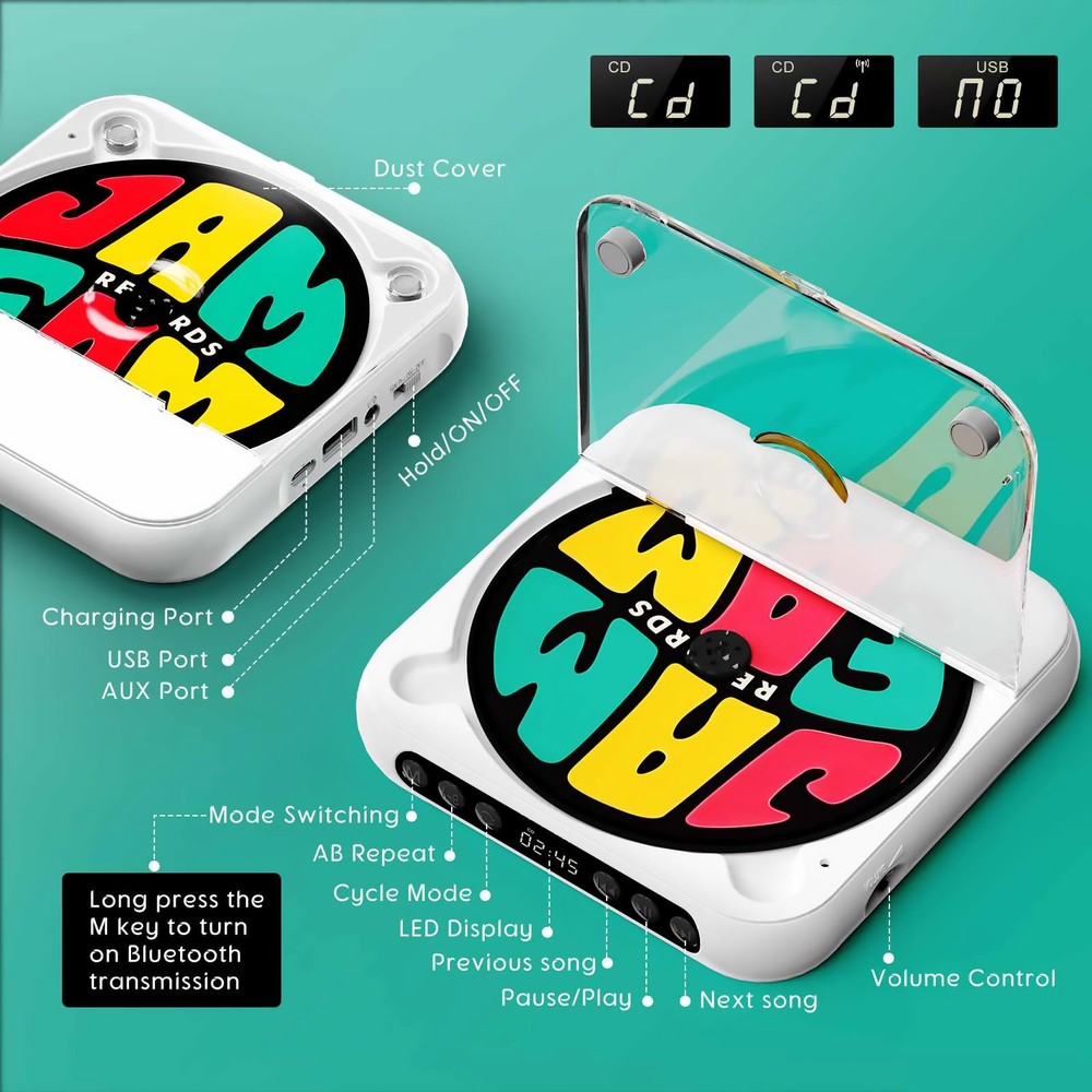 Multi-function CD Player 5V2A BT 5.3 CD/USB/3.5mm AUX Great Choice For Learning