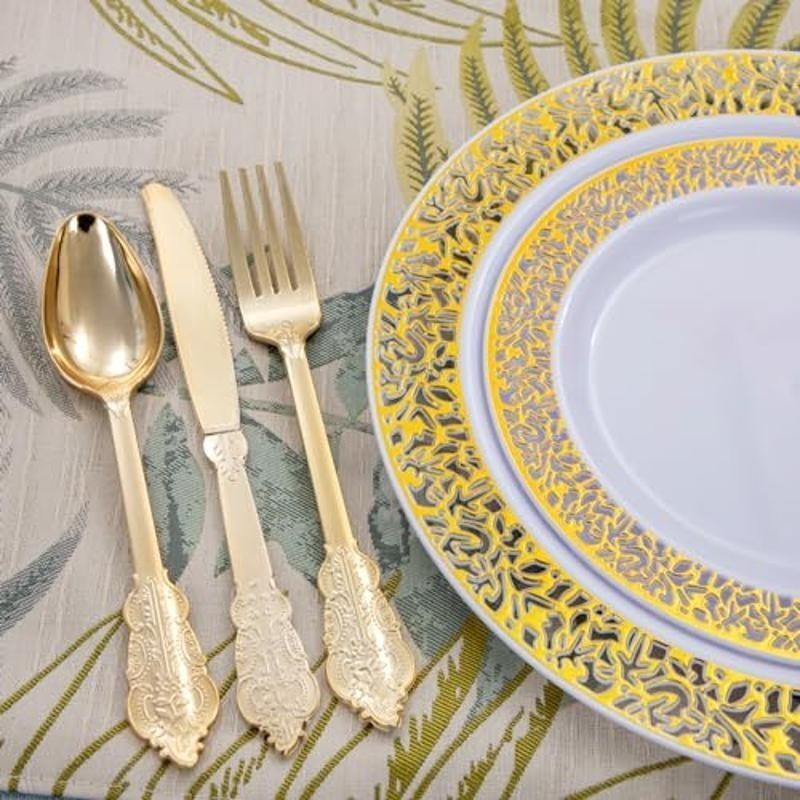 210-Piece Gold Plastic Dinnerware Set 30 Guests Plates Cups Silverware New