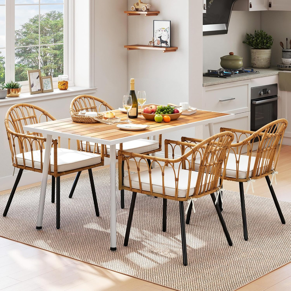 Patio Table Rectangle 59" for 6 Outdoor Table with Umbrella Hole & Adjustable Fe