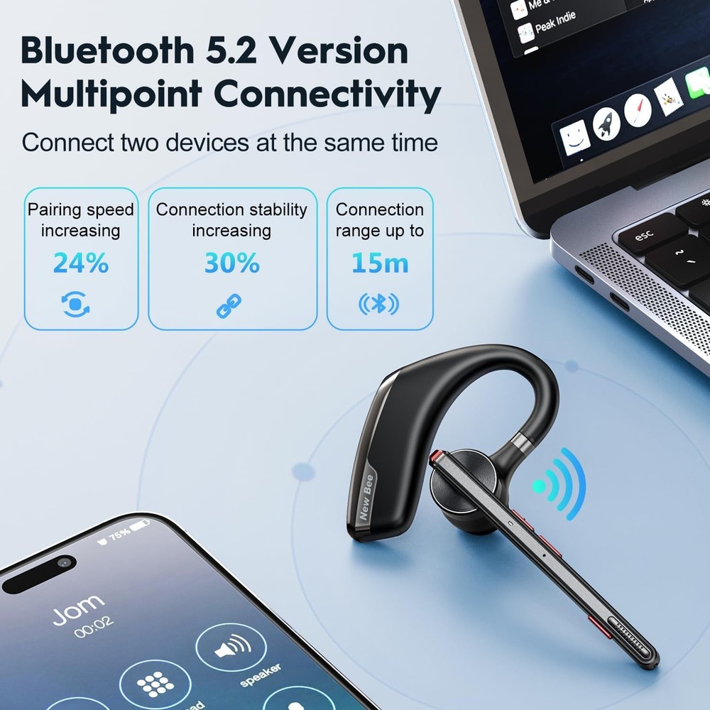 New bee Bluetooth Headset, Wireless Earpiece for 1 PACK, Black