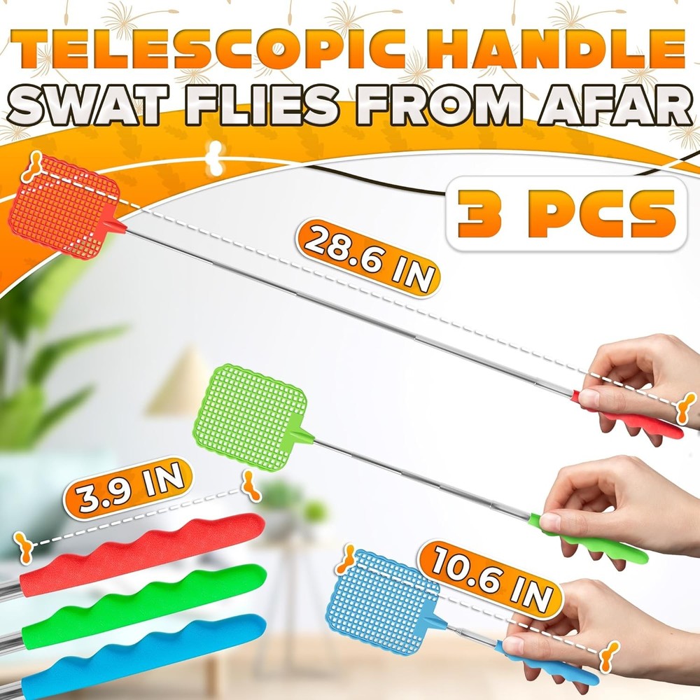 3-Pack Telescopic Fly Swatter Set – Durable and Lightweight Multicolor