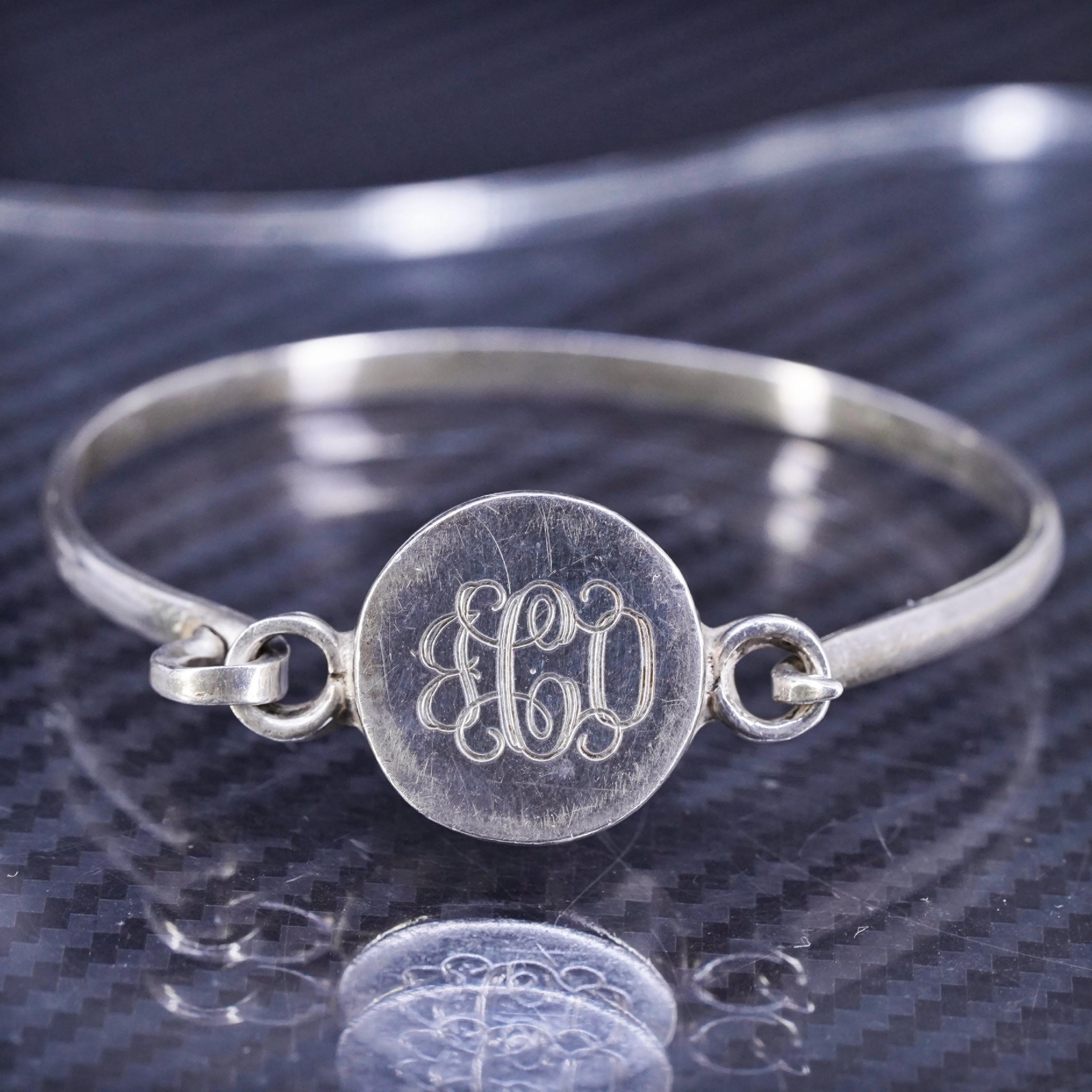 6.75”, Mexican sterling silver 925 hinged bangle, bracelet with monogram “GCO"