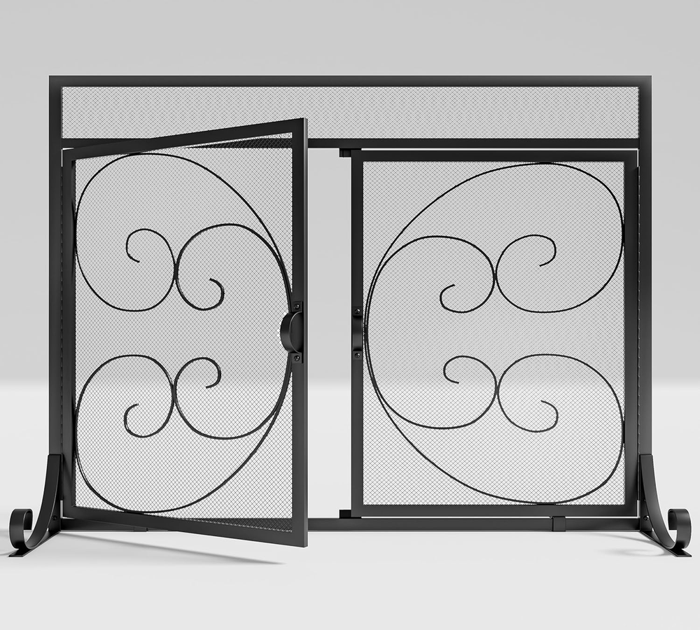 Fireplace Screen with Hinged Doors Magnetic 2 Panels Sturdy Steel Frame Durable
