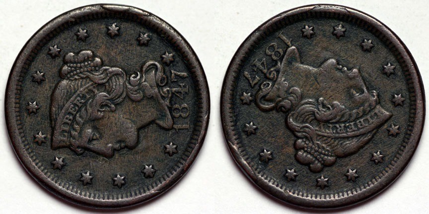 1847 Large Cent - Multiple rim cuds (3 or 4)
