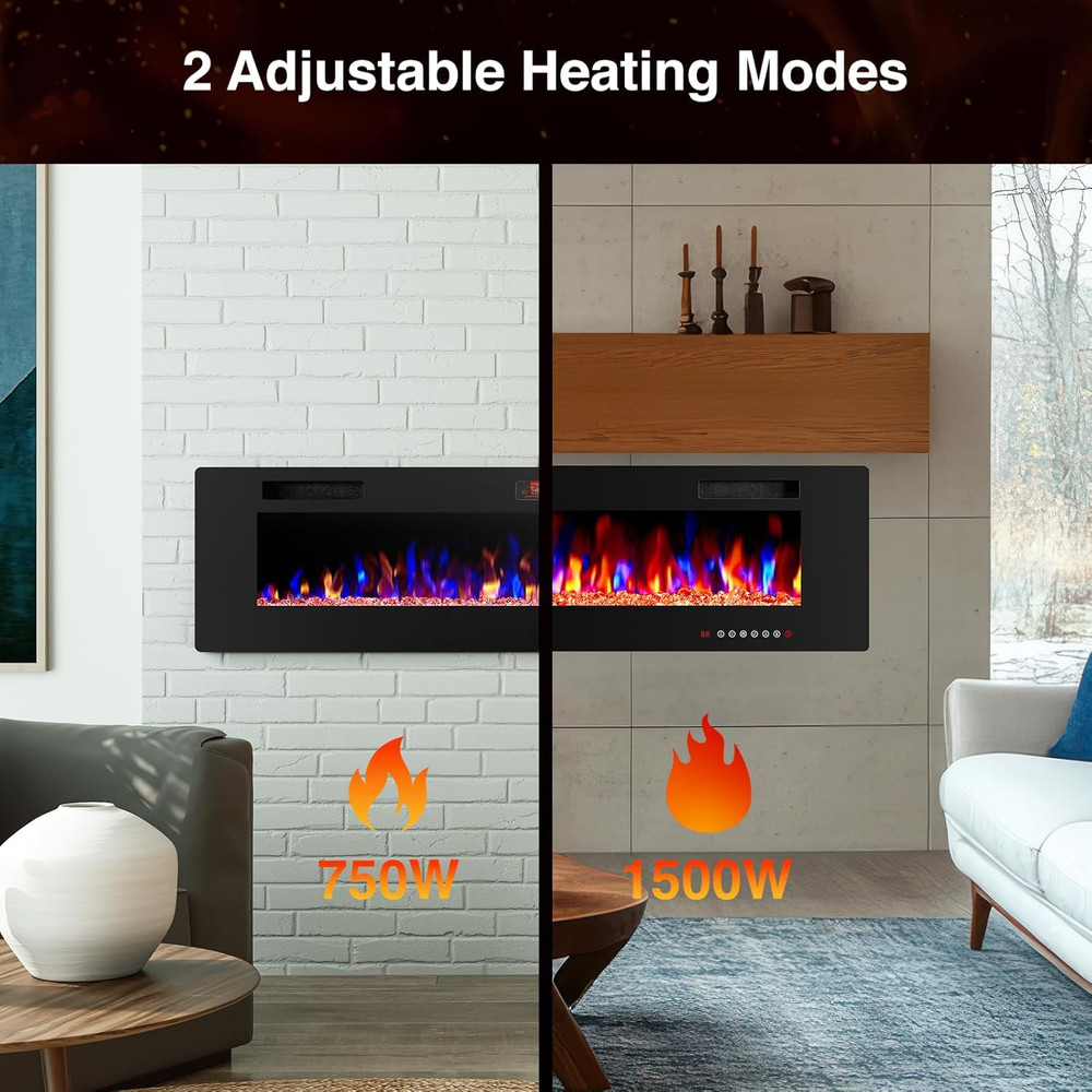 30" Electric Fireplace - Wall Mounted, Adjustable Flames, Remote Control, Low No
