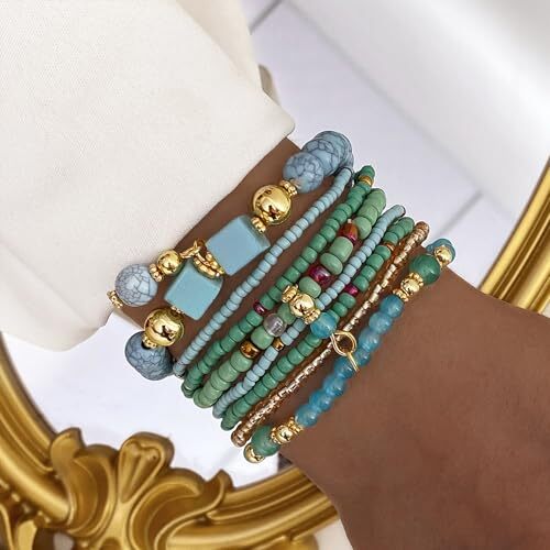 8PCS Beaded Bracelets for Women, Multilayered Stackable Strand Stretch Blue