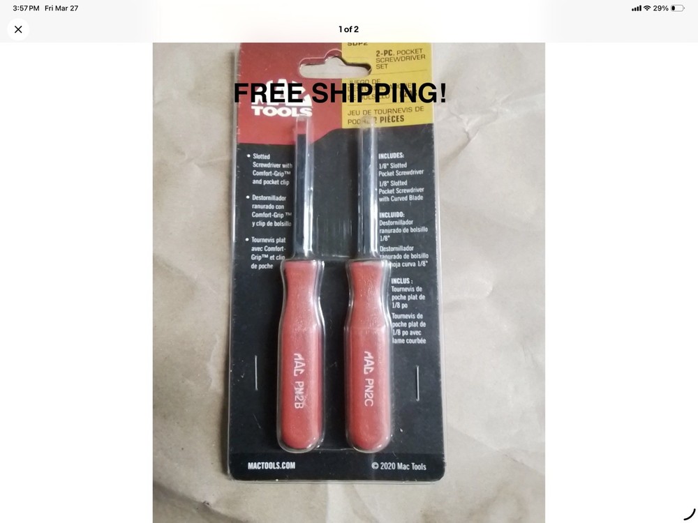 Mac Tools | 2pc Pocket Scredriver Set | SDP2 FREE SHIPPING