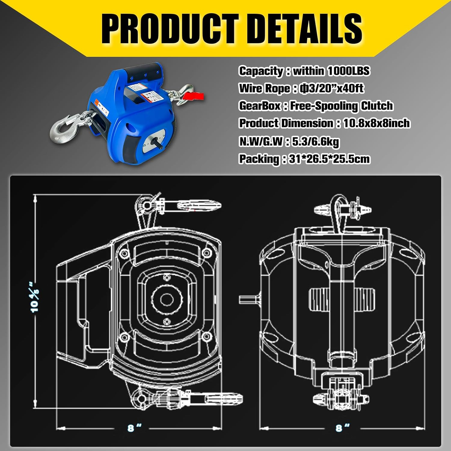 Portable Drill Winch 1000 LB Pulling Capacity with 40 Feet Alloy Steel Wire Rope