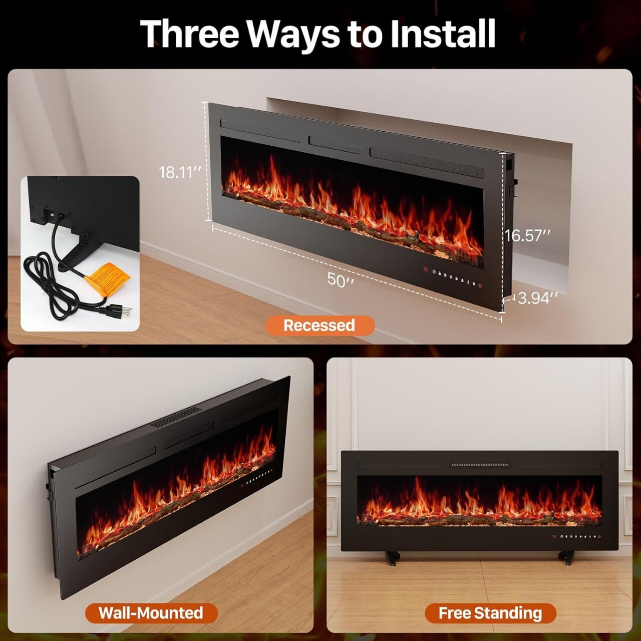 Electric Fireplace Wall Mount Recessed Fireplace Insert and Freestanding Heater