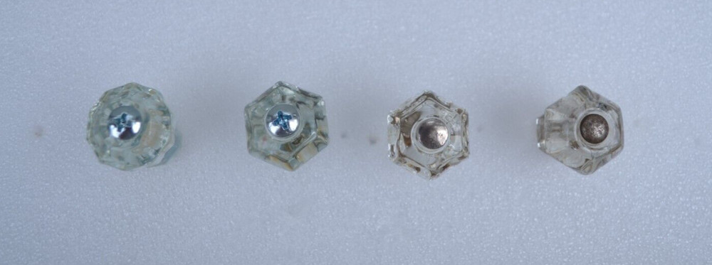 4 VTG Hvy Clear Glass Cabinet Door Drawer Knobs Pulls 6-side hex 7/8"