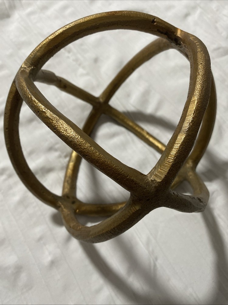 Gold Tone Metal Orb Decor – Modern 3-Ring Tabletop Sphere 8”x6.5” – EUC
