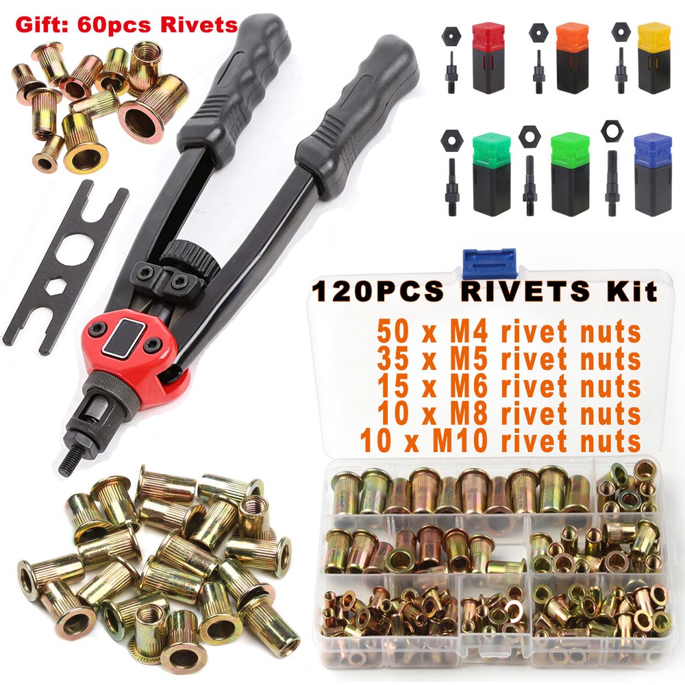 180PCs Rivet Gun Kit Rivnut Setting Tools Nut Setter Tool Hand Blind Riveter Gun