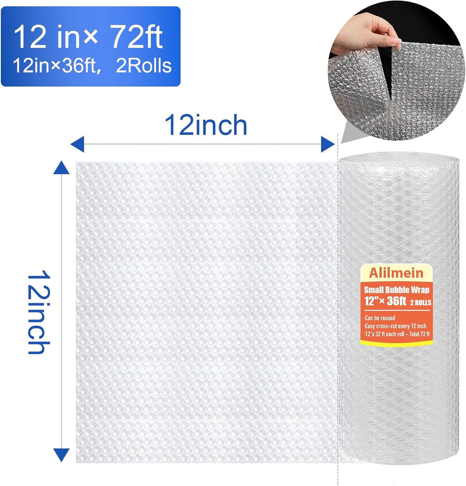 12 Inch X 72Ft - 2 Pack Total Small Thin Bubble Cushioning Wrap for Extra Protec