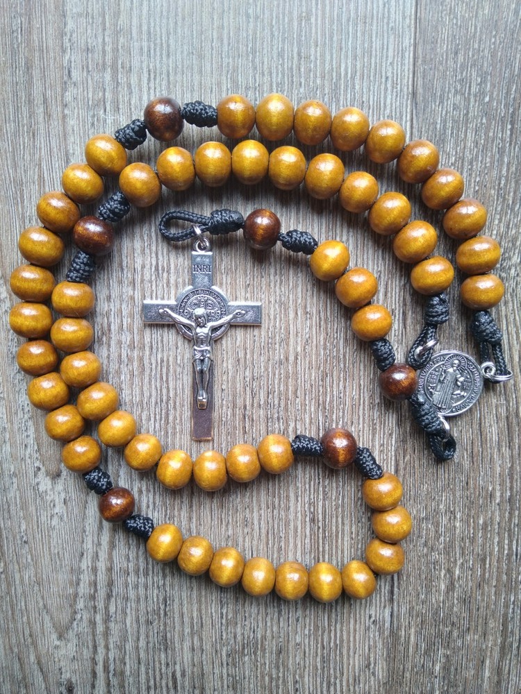 Catholic Paracord  Rosary w/ ST BENEDICT Crucifix & Medal , LIGHT BROWN color