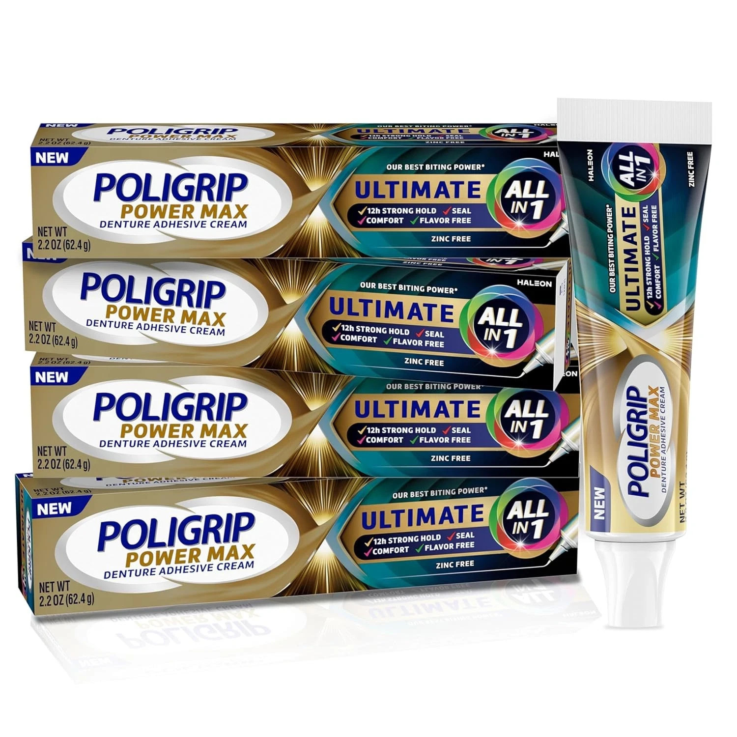 Poligrip Power Max Ultimate All-in-1 Denture Adhesive Cream, Zinc Free, White