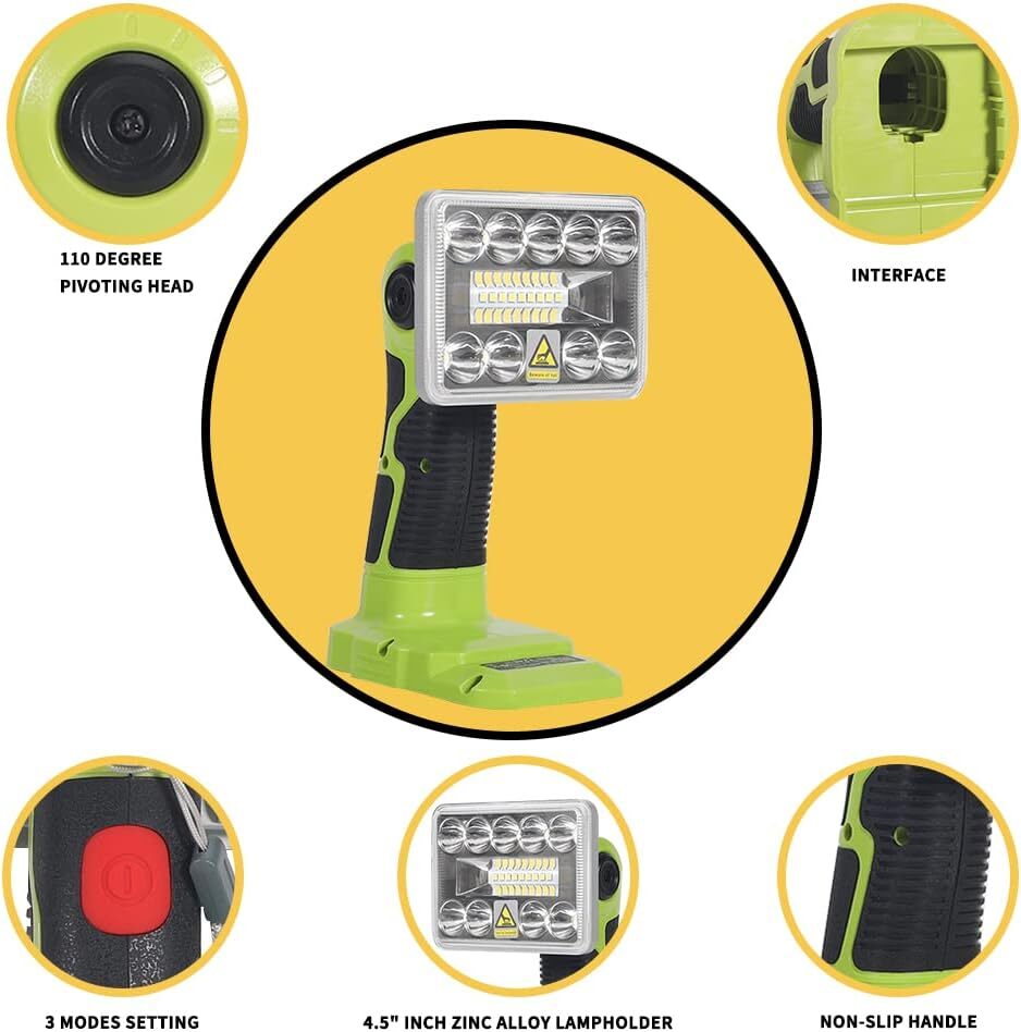 Cordless LED Work Light for Ryobi 18V Li-Ion Battery Handheld Jobsite Light 9W