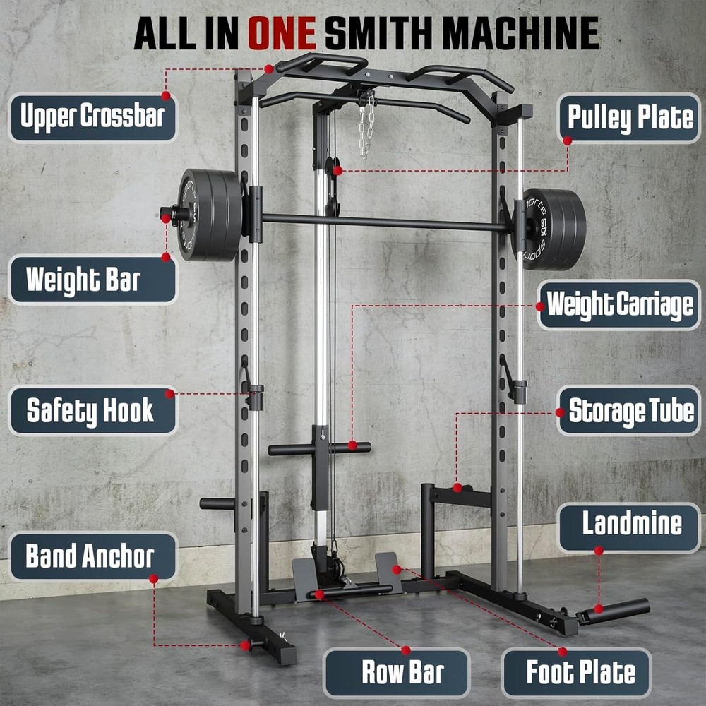1400 Lbs Power Cage Smith Machine Multi-Function Squat Rack with LAT-Pull Down🔥