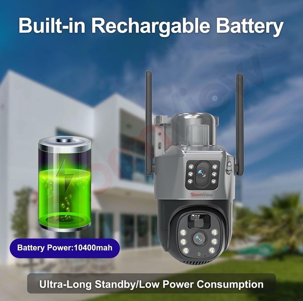 A solar-powered, dual-lens WiFi security camera with 360° PTZ coverage