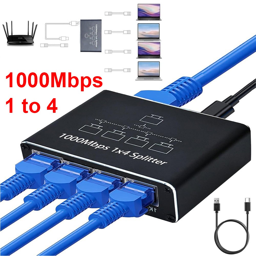 RJ45 Gigabit Ethernet Splitter 1000Mbps LAN Network Internet 1 to 4 Out Adapter