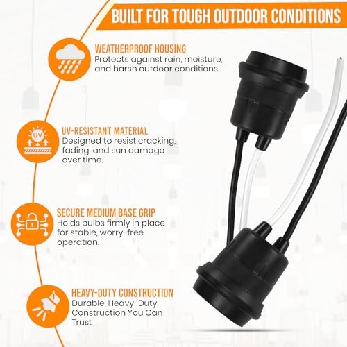Weatherproof E26 Pigtail Lamp Sockets, Medium Base, Black, 8-Pack, 660W Max