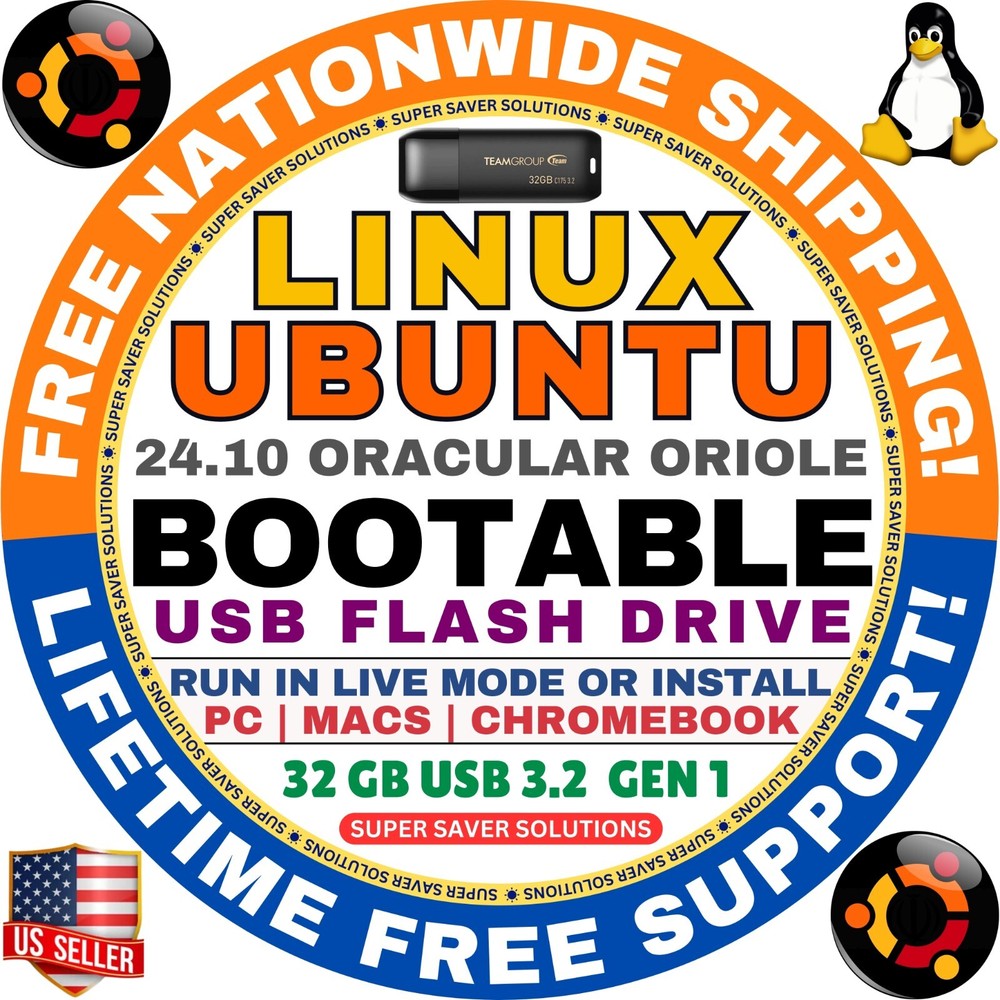 UBUNTU Linux 24.10 Bootable USB Latest Oracular Oriole amd 64-Bit for MAC & PC