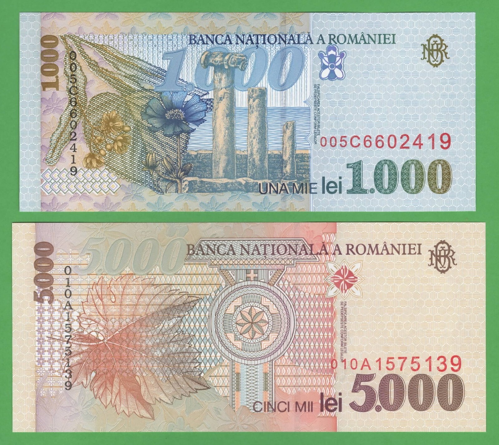 Set of 2 Romania 1000 and 5000 Leu Banknotes, 1998 P-106 P-107 Uncirculated