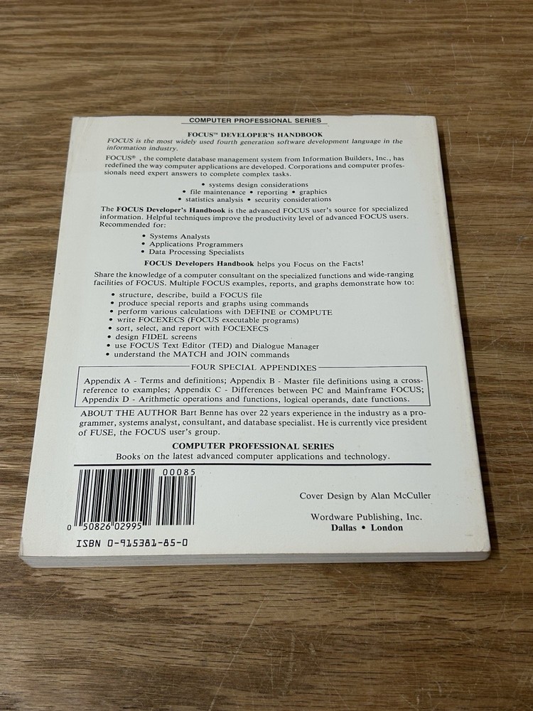Focus Developer's Handbook Bart Benne 1987 Computer Professional Series Paperbck