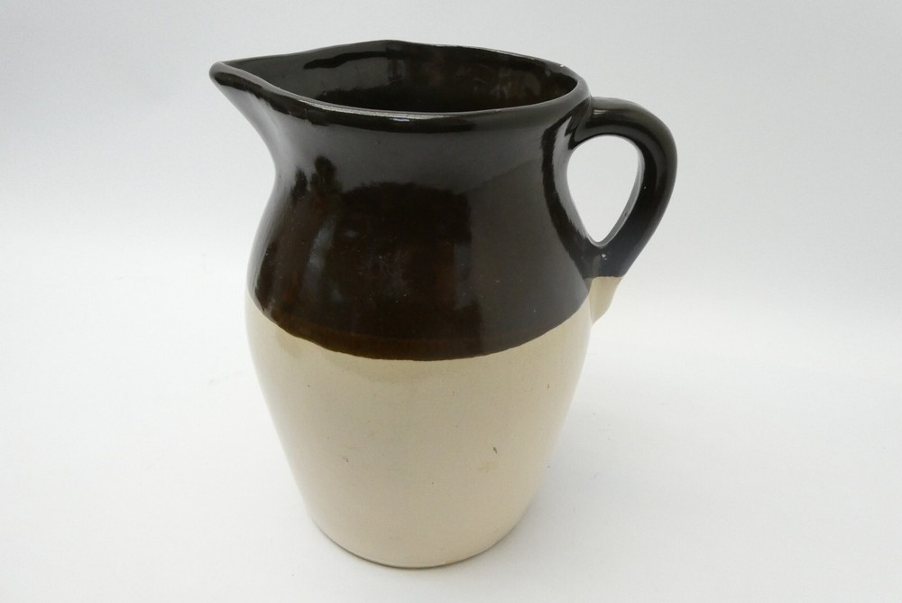 Brown Off-White Tan Single Handle Medium Size Stoneware Water Pitcher Jar