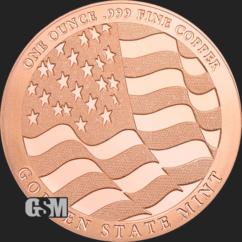 1 Oz. Solid .999 Fine Copper Round - Eagle / Flag - Golden State Mint