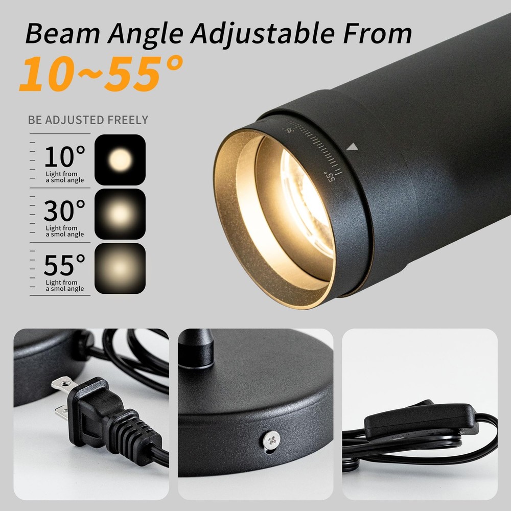 Black 9W Plug-in LED Zoomable Spotlight with Switch, Adjustable Beam Angle 10...