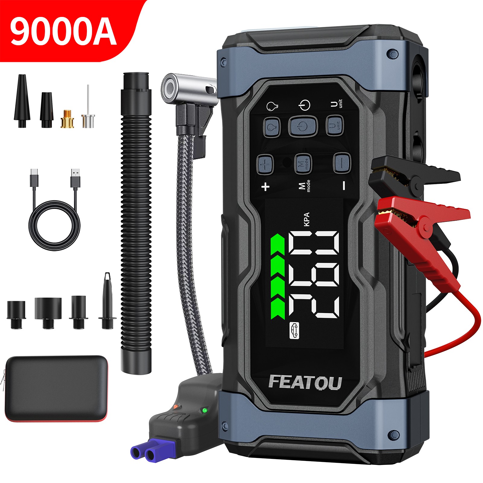 Featou 9000A Car Battery Jump Starter 24000mAh 12V Dual USB Quick Charge and DC